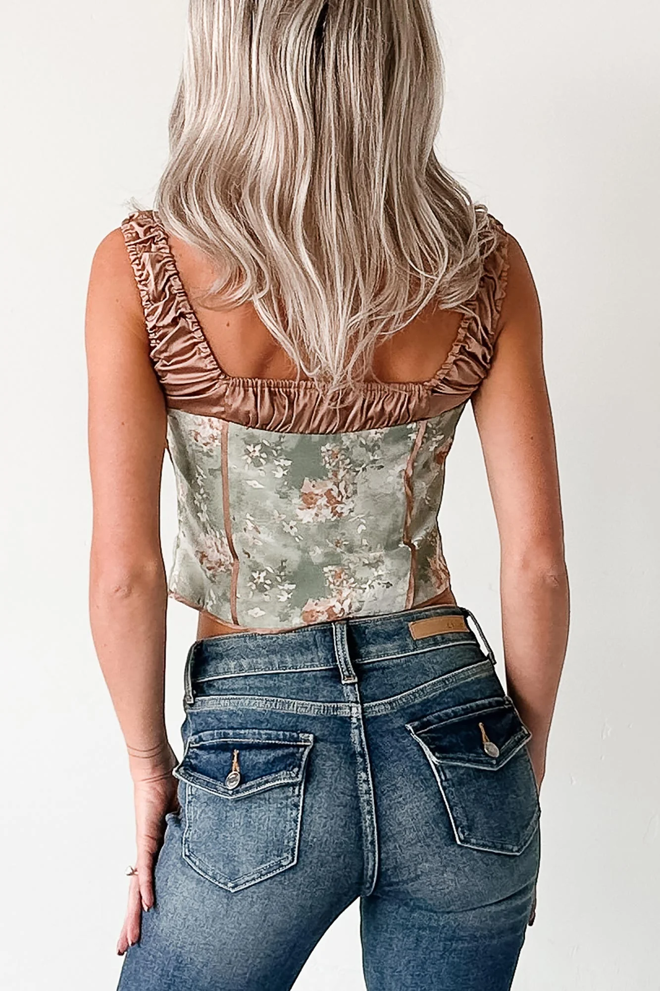 Whimsically Wild Floral Satin Hook Front Top (Sage Olive) - Image 4
