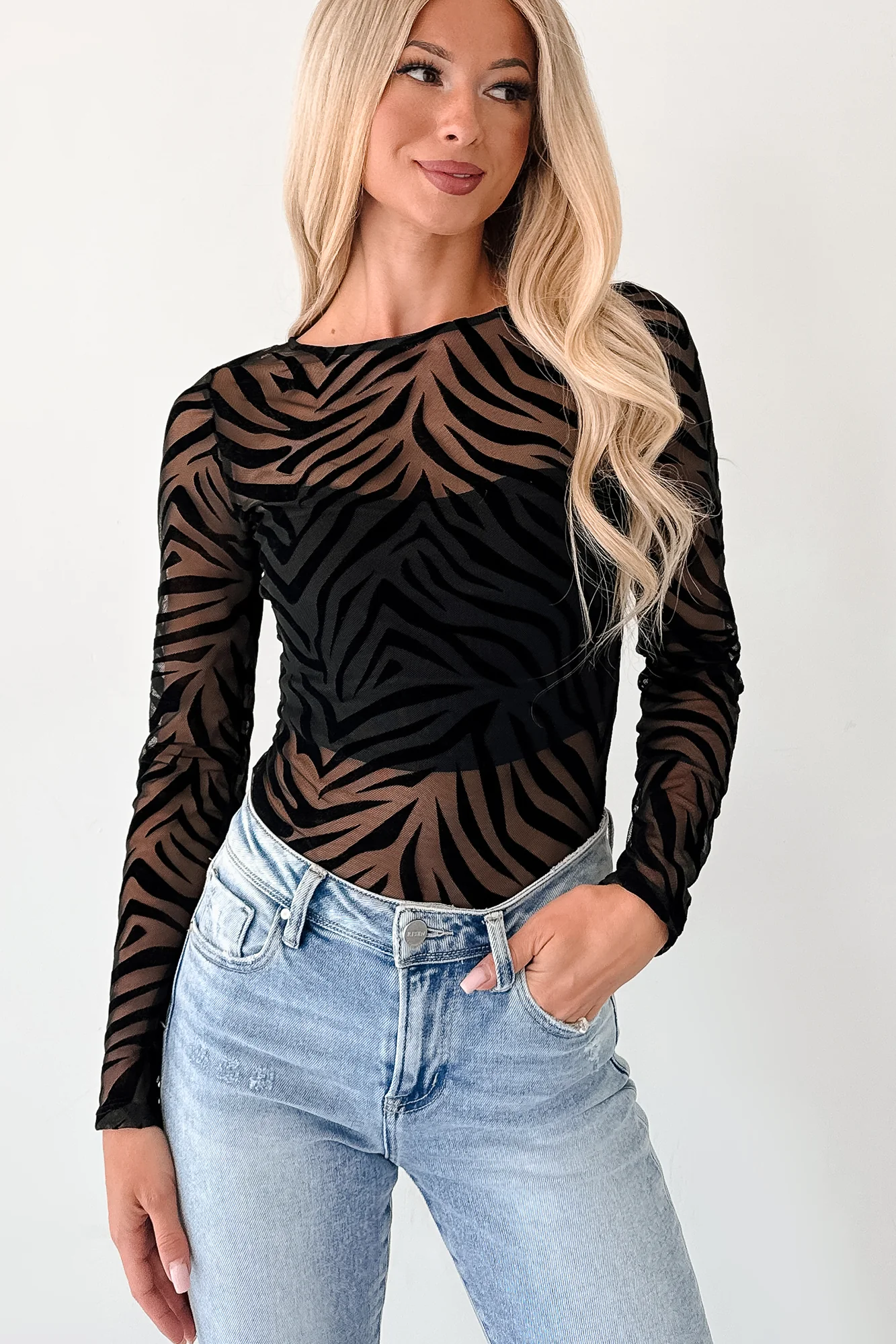 Wild At Heart Animal Print Mesh Bodysuit (Black Zebra) - Image 2