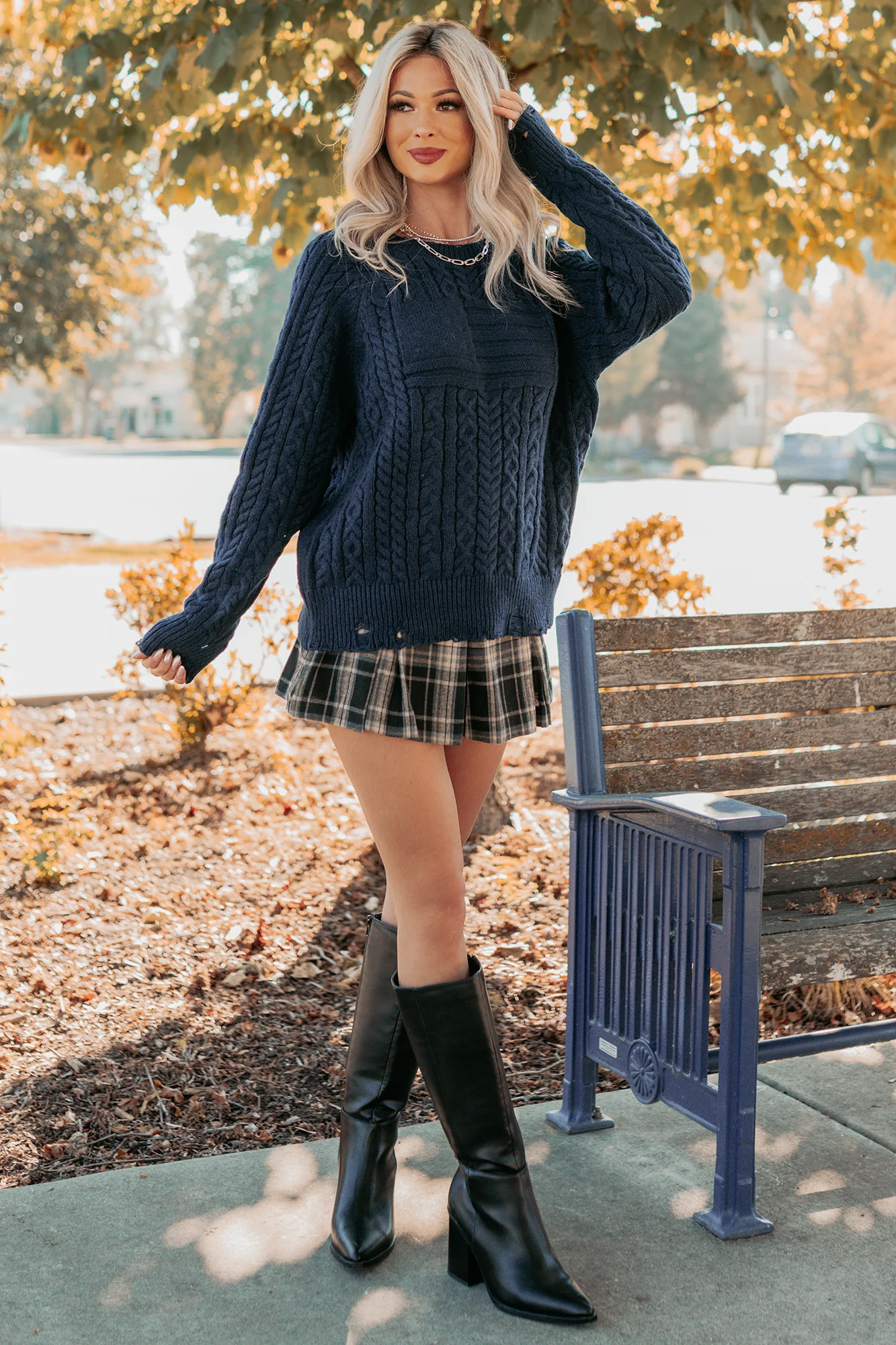 Wild Grace Distressed Hem Flag Cable Knit Sweater (Navy) - Image 10