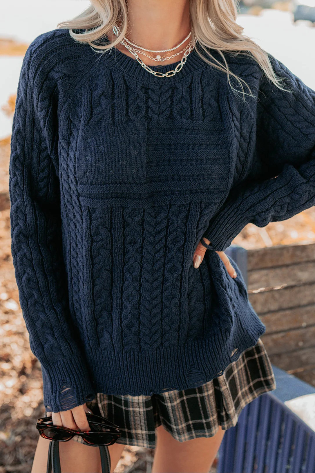 Wild Grace Distressed Hem Flag Cable Knit Sweater (Navy) - Image 2