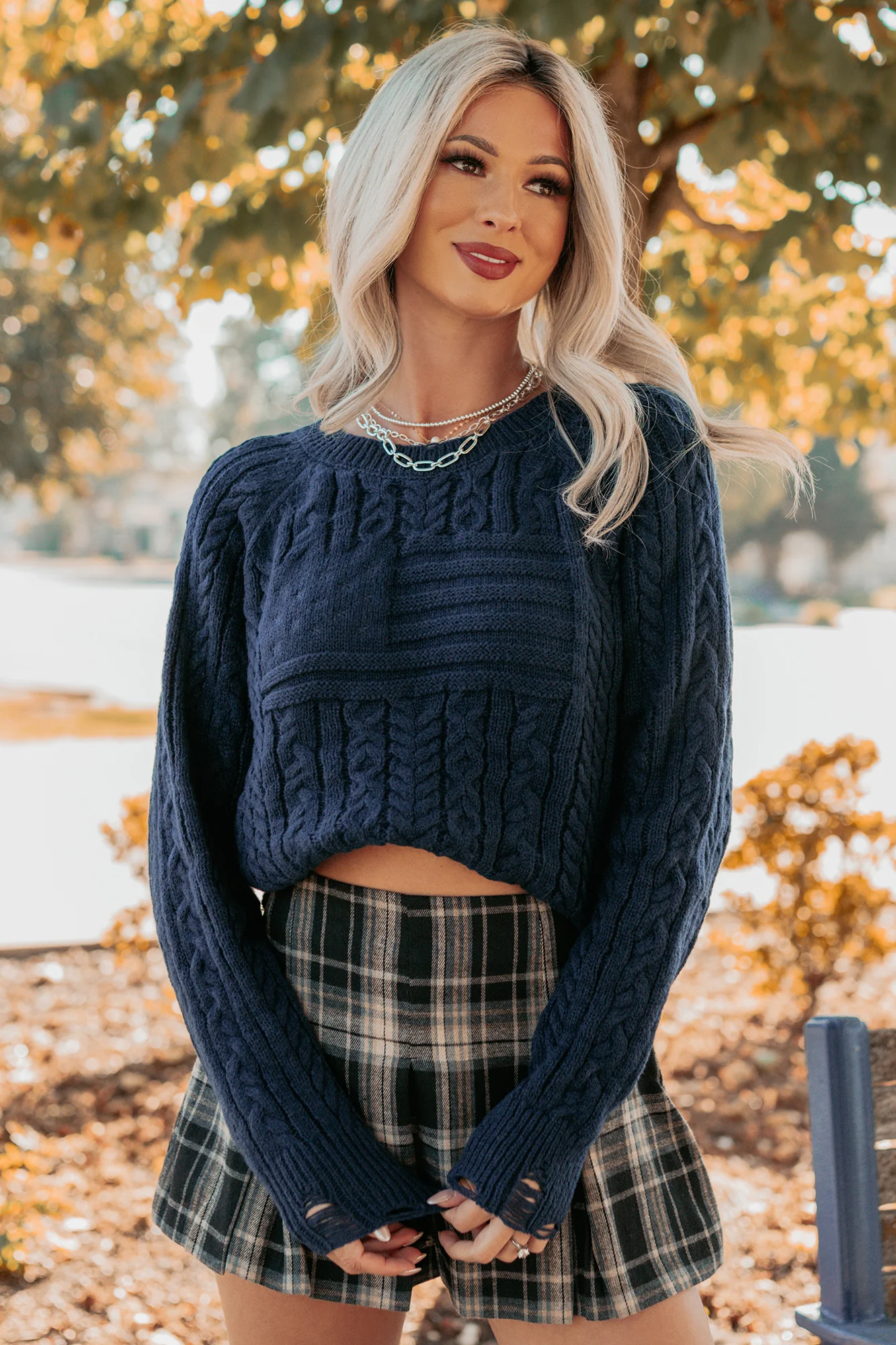 Wild Grace Distressed Hem Flag Cable Knit Sweater (Navy) - Image 3