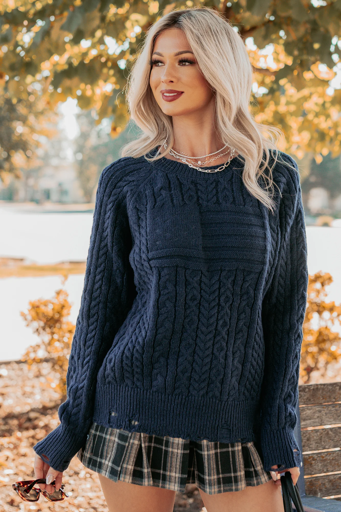 Wild Grace Distressed Hem Flag Cable Knit Sweater (Navy) - Image 4