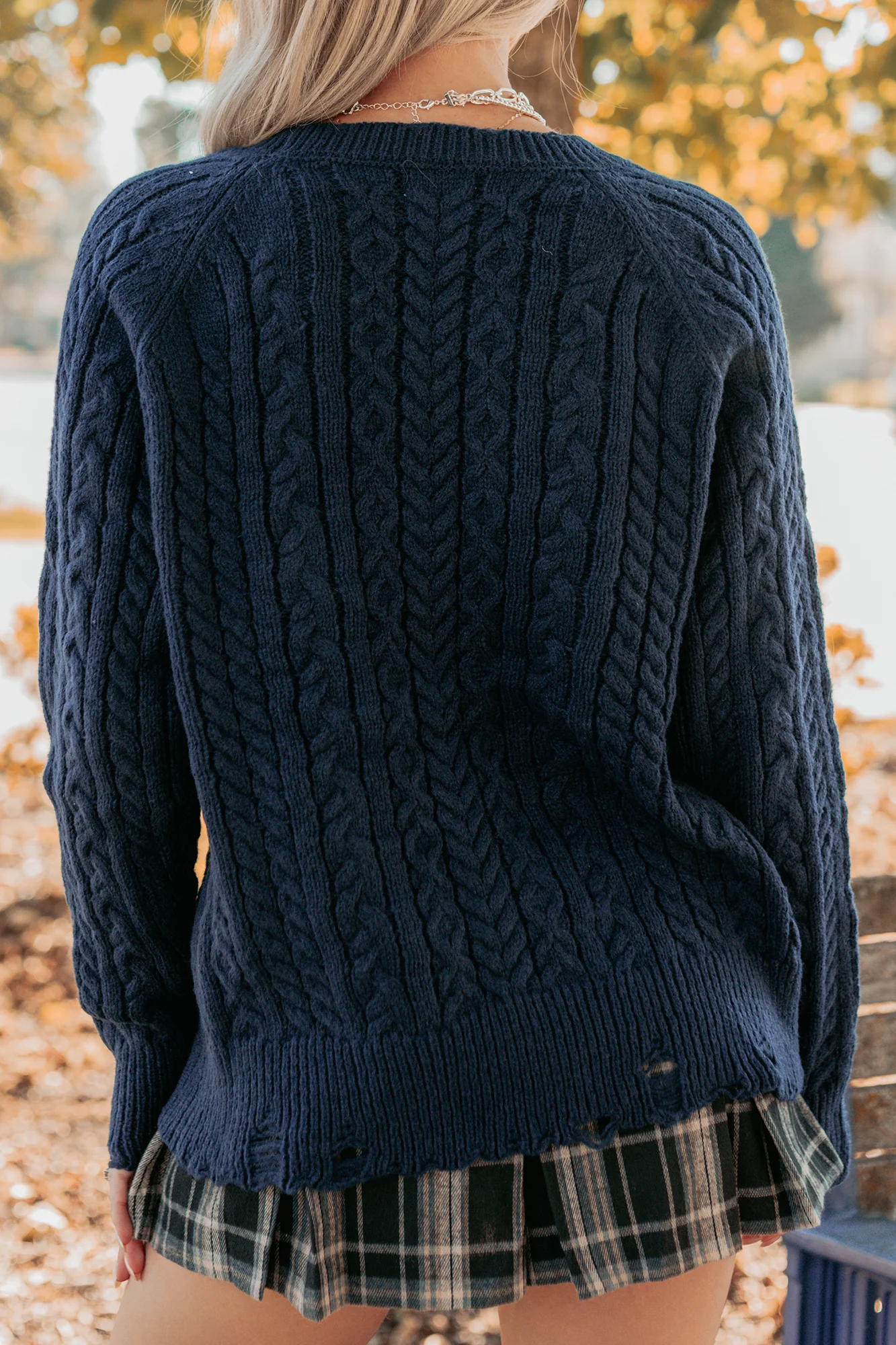 Wild Grace Distressed Hem Flag Cable Knit Sweater (Navy) - Image 6