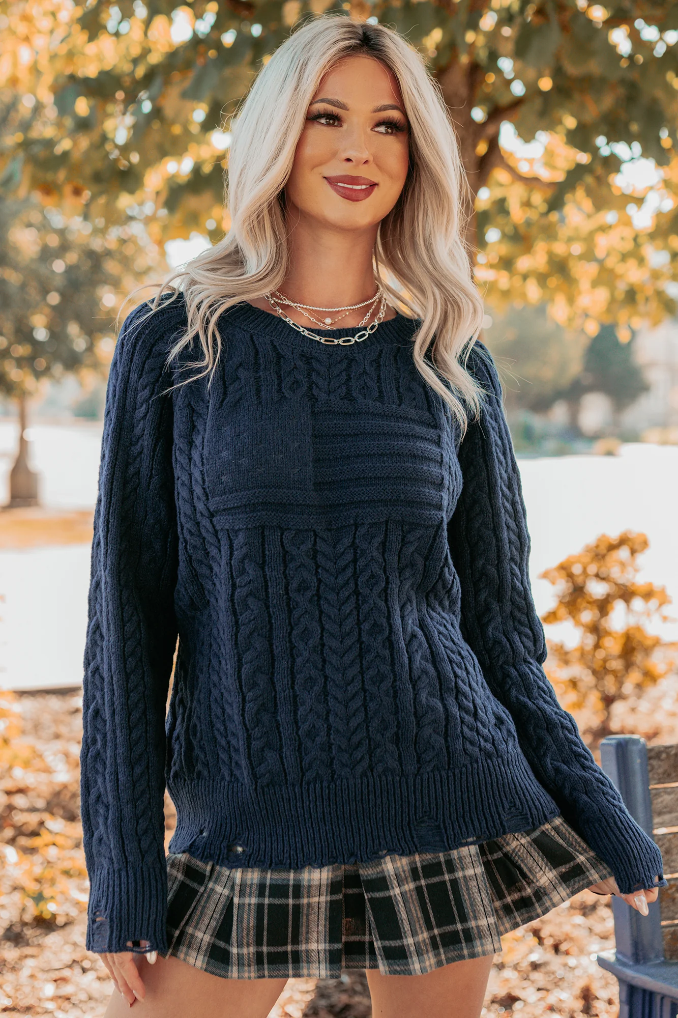 Wild Grace Distressed Hem Flag Cable Knit Sweater (Navy) - Image 9