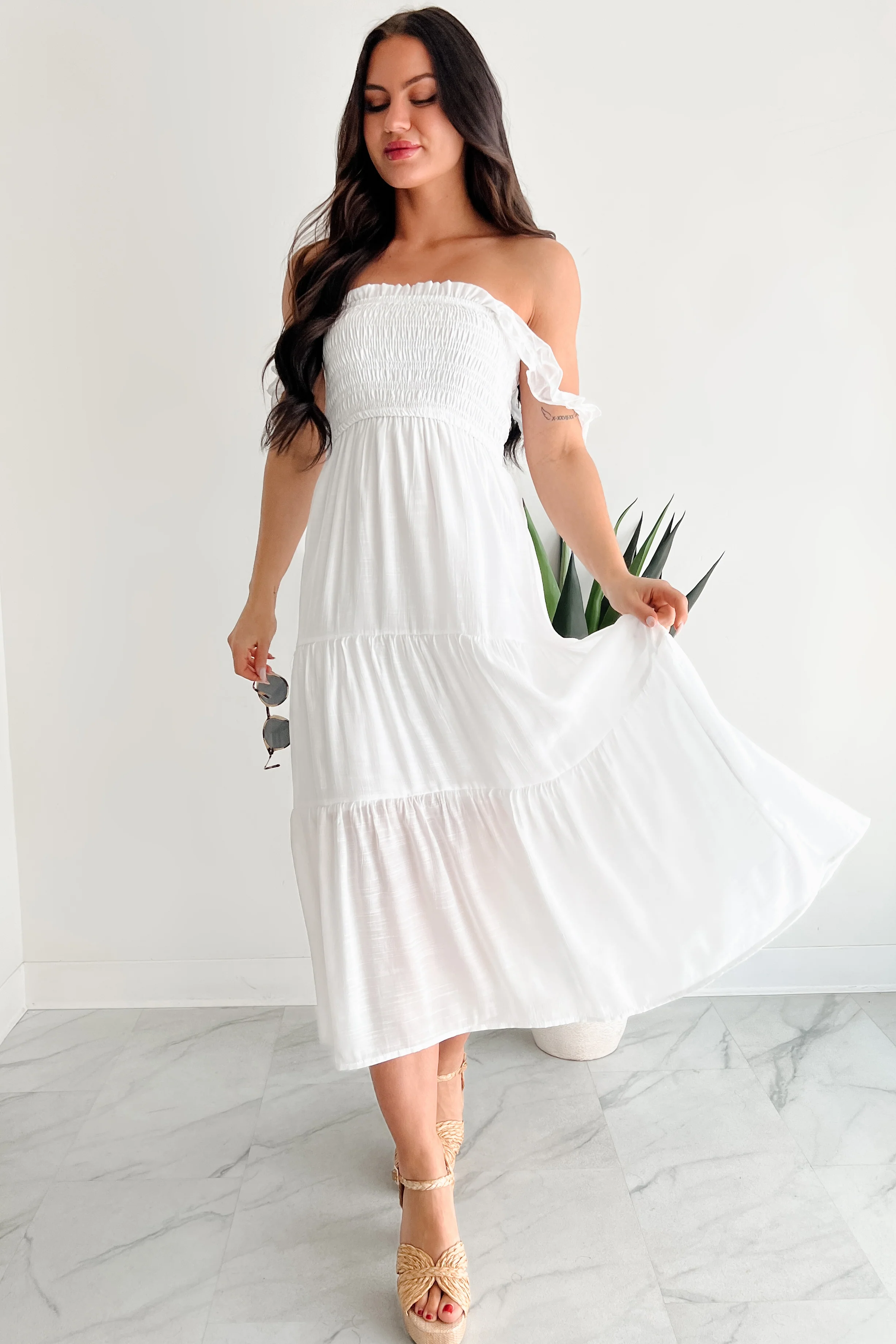 Wild Roots Sleeveless Smocked Maxi Dress (White) - Image 5
