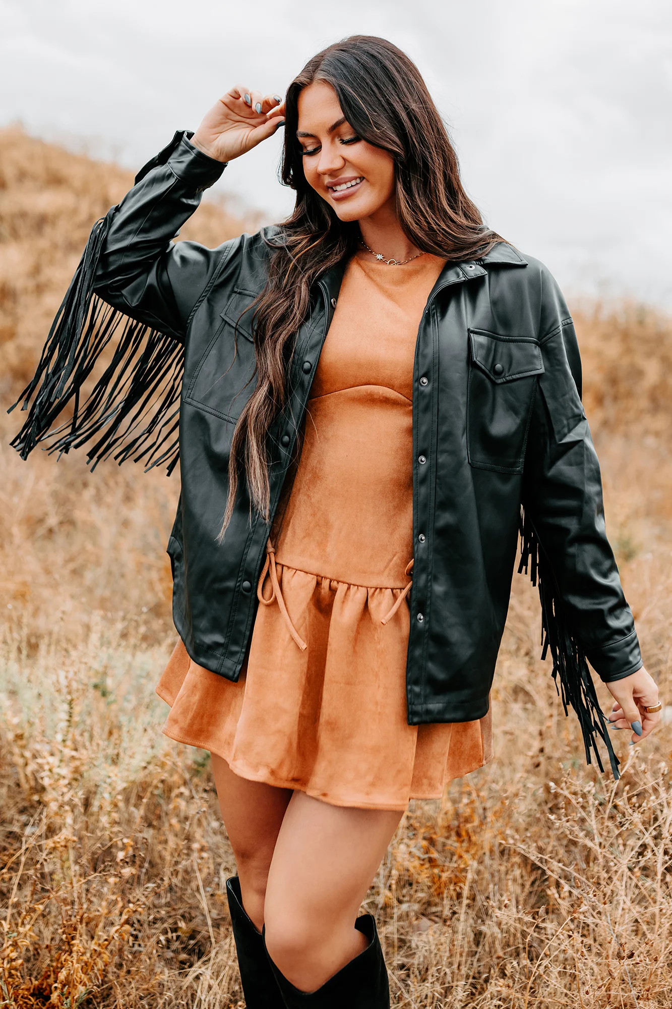 Wild West Whimsy Fringe Faux Leather Jacket (Black) - Image 4