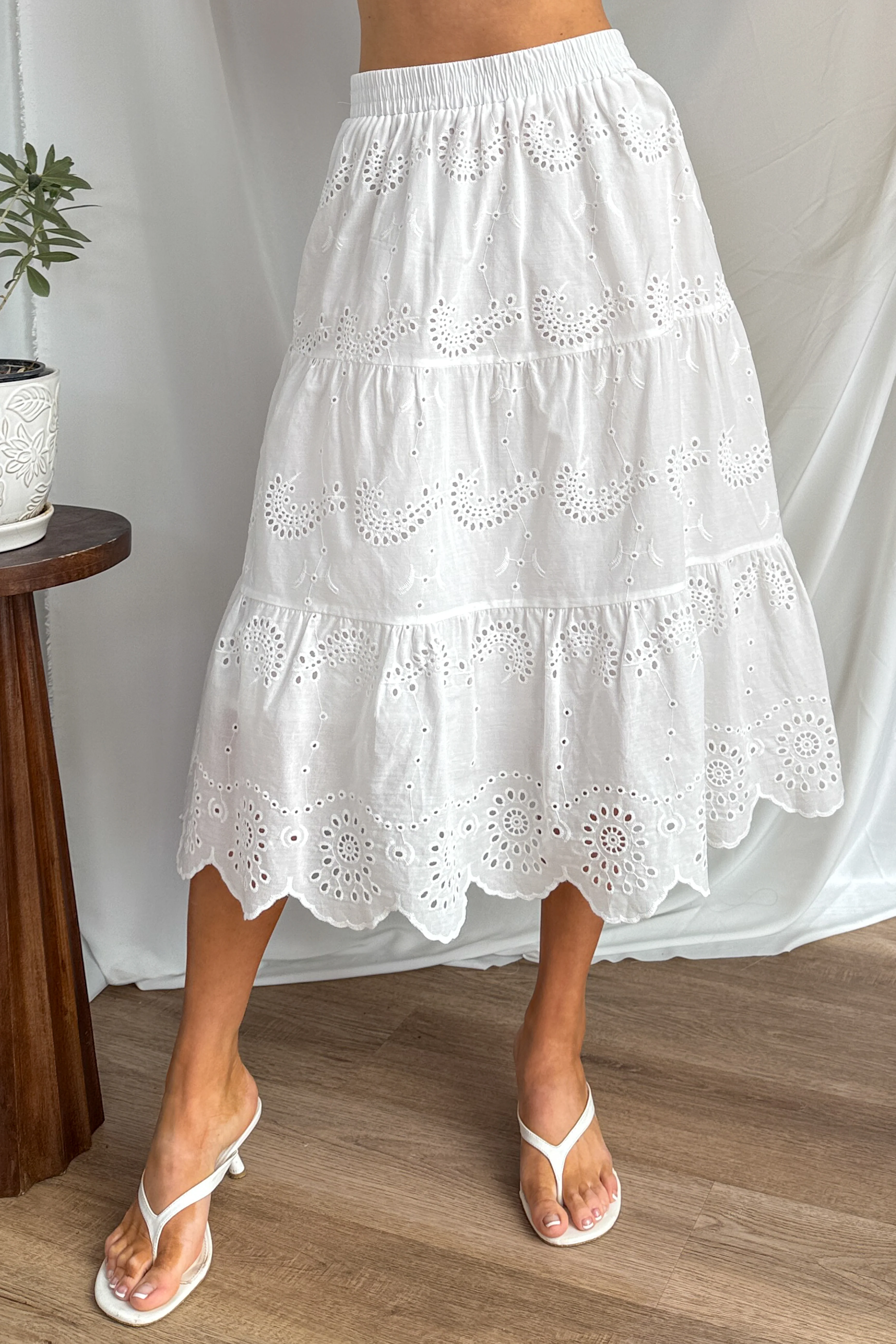 Wildflower Way Tiered Eyelet Midi Skirt (Off White) - Image 3