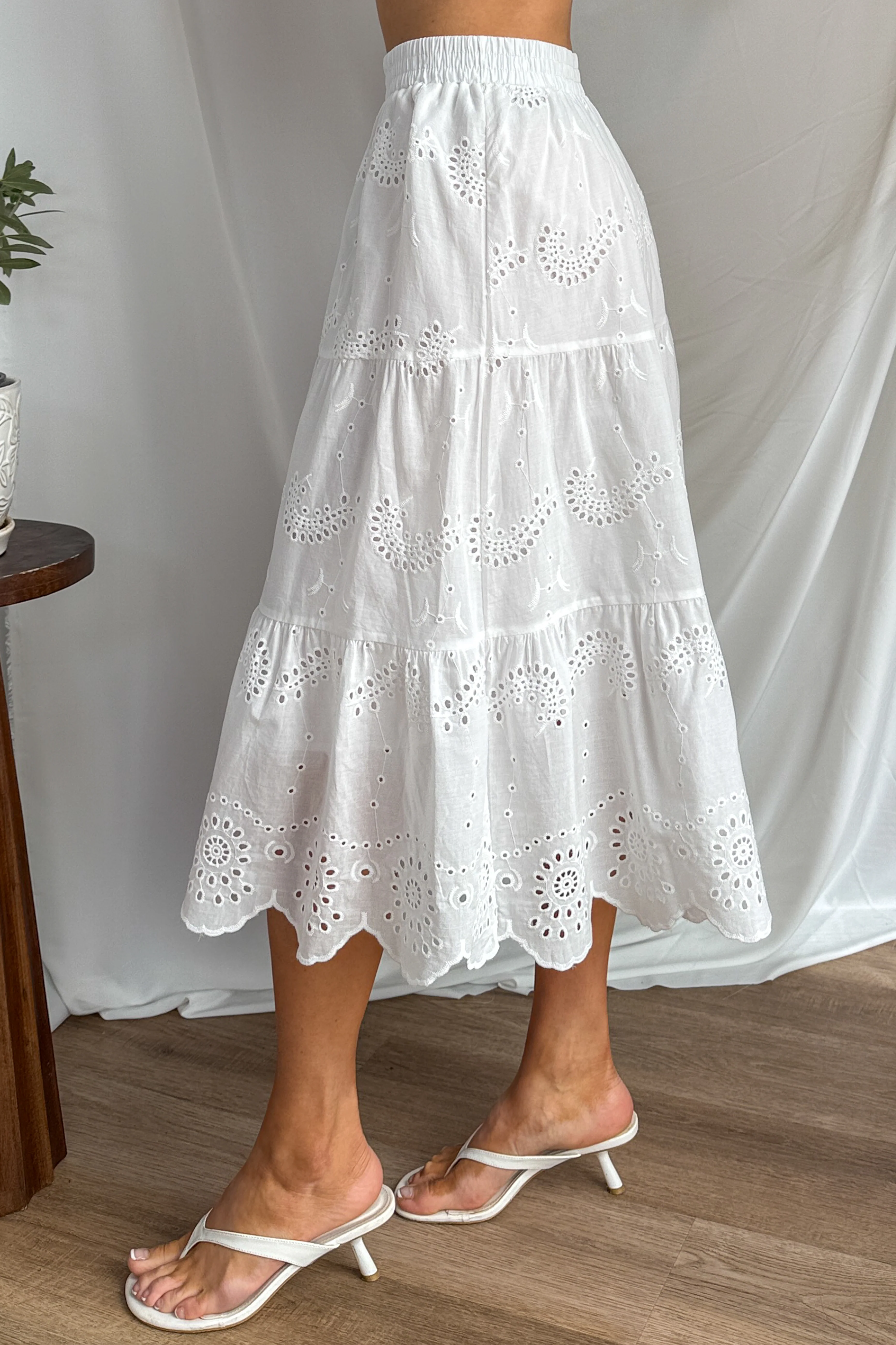 Wildflower Way Tiered Eyelet Midi Skirt (Off White) - Image 4