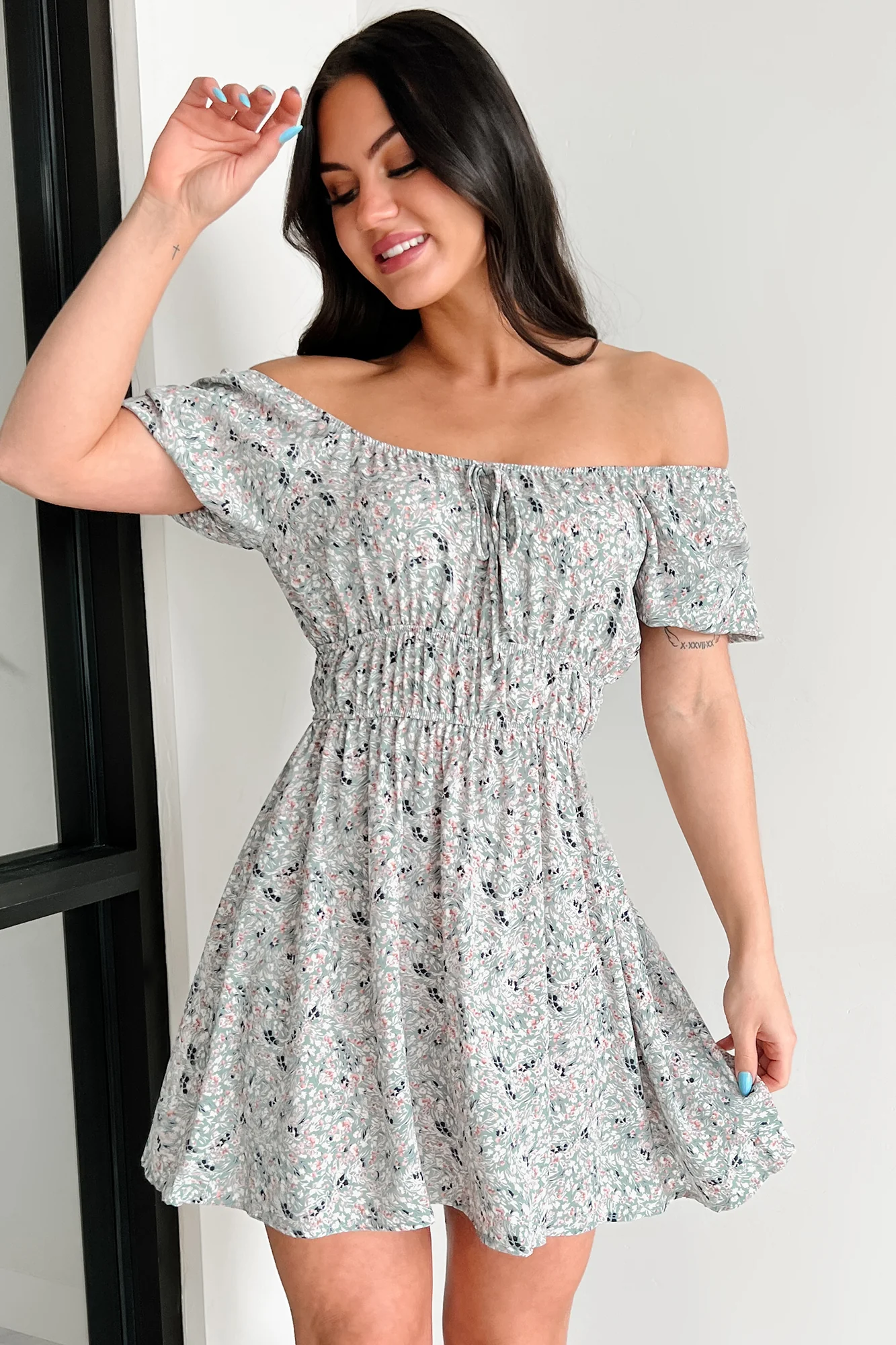 Wildflower Wish Puff Sleeve Floral Mini Dress (Sage/Multi) - Image 3