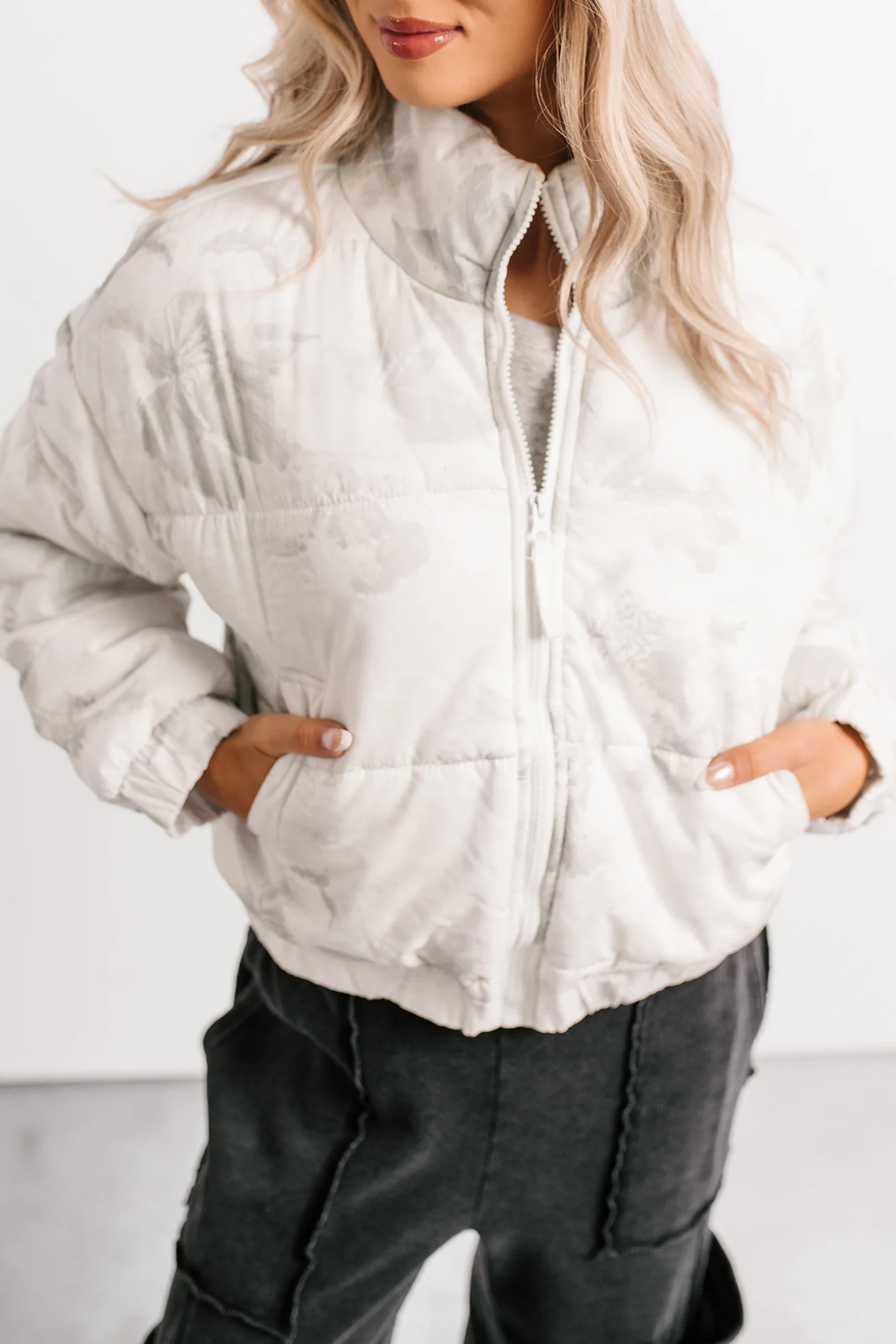 Winter Blooms Floral Puffer Jacket (White/Grey) - Image 5