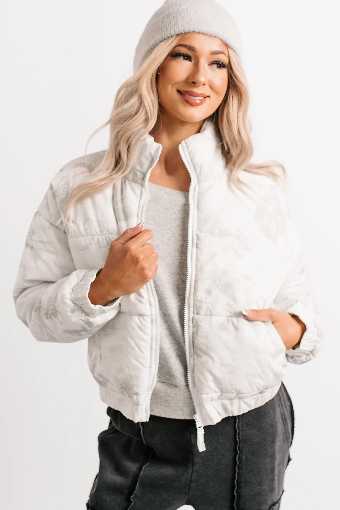 Winter Blooms Floral Puffer Jacket (White/Grey) - Image 6
