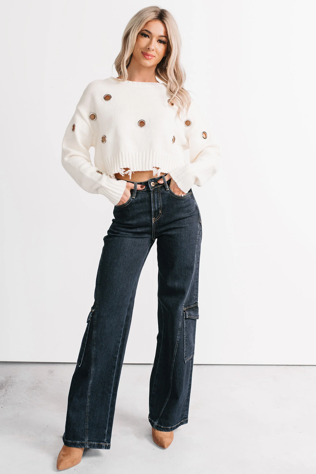 Winter Slow Distressed Grommet Sweater (Ivory) - Image 3