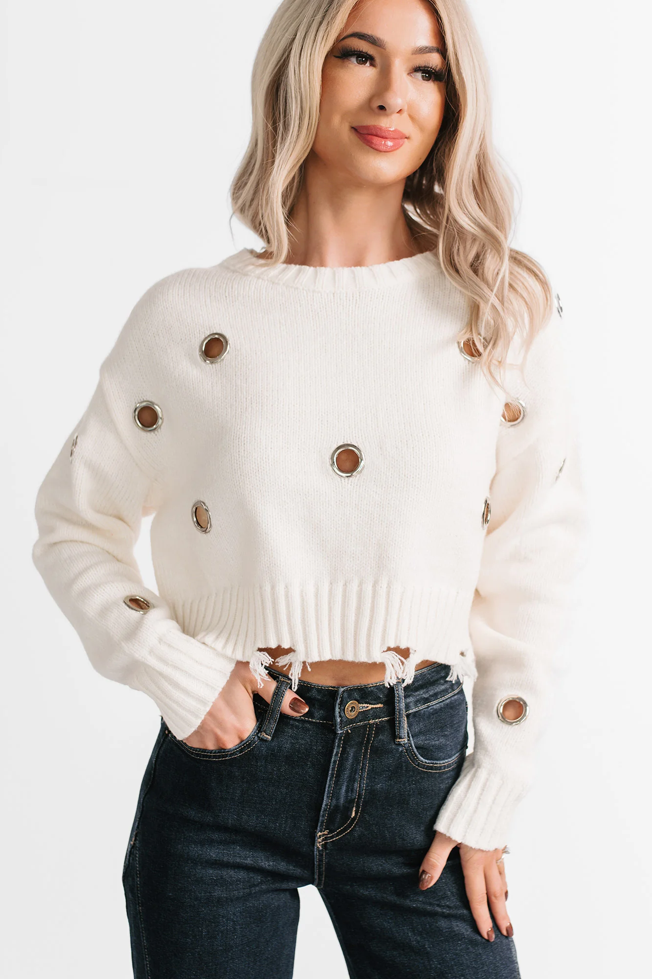 Winter Slow Distressed Grommet Sweater (Ivory) - Image 4