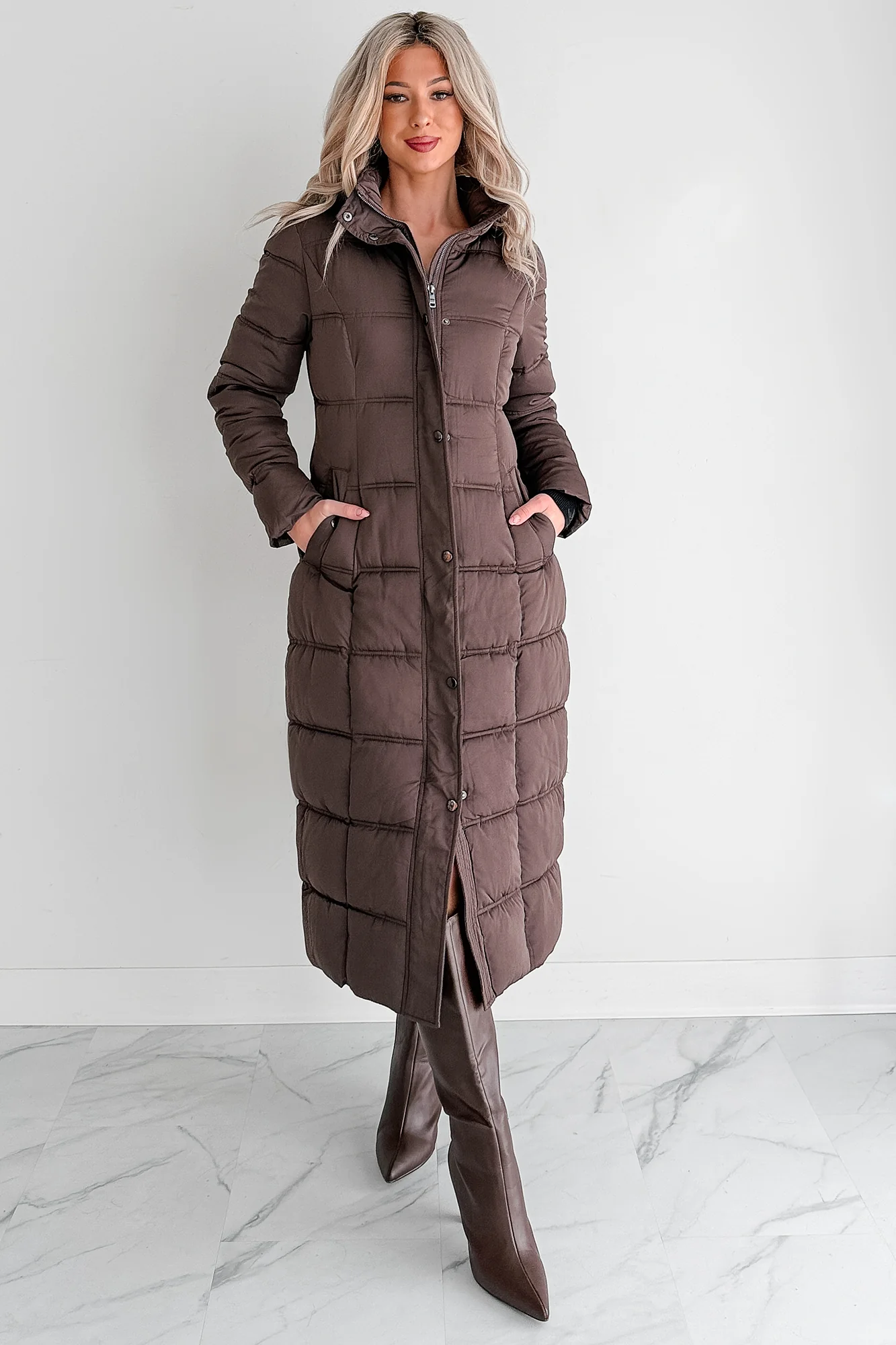 Winter Welcome Knee Length Puffer Coat (Chocolate) - Image 3
