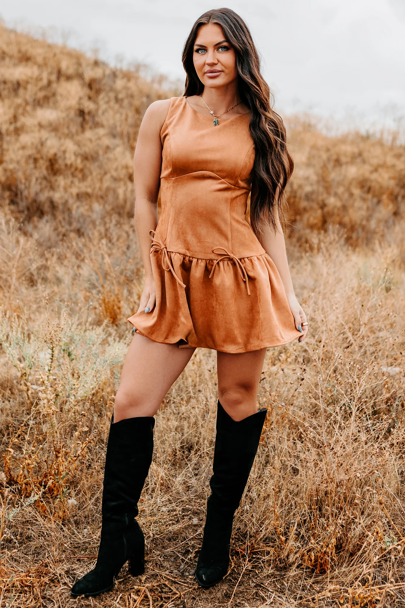 Wish You Luck Sleeveless Faux Suede Mini Dress (Camel) - Image 2