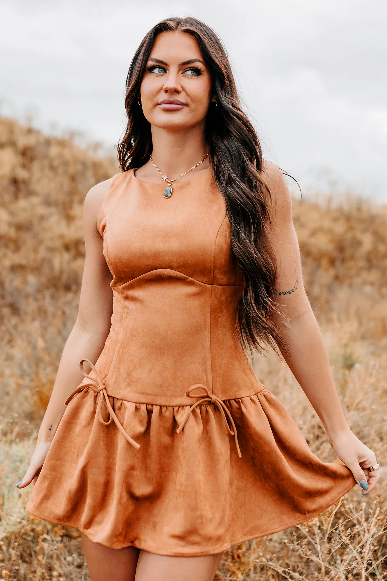 Wish You Luck Sleeveless Faux Suede Mini Dress (Camel) - Image 4