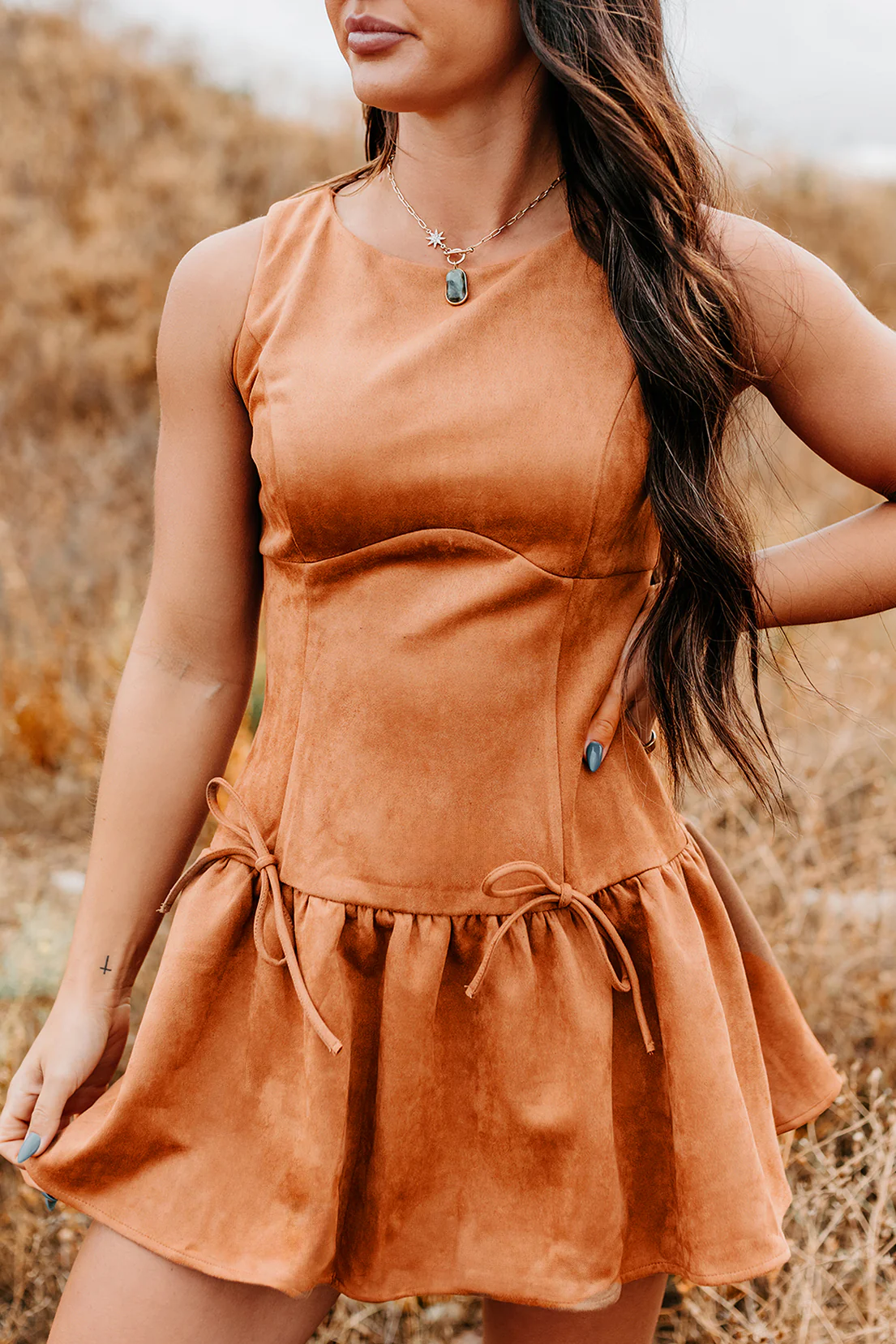 Wish You Luck Sleeveless Faux Suede Mini Dress (Camel) - Image 5