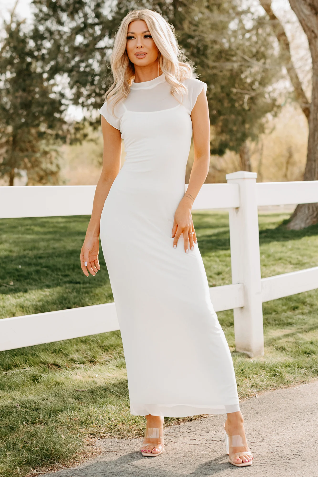 Wish You Were Here Mesh Mock Neck Maxi Dress (Ivory) - Image 2