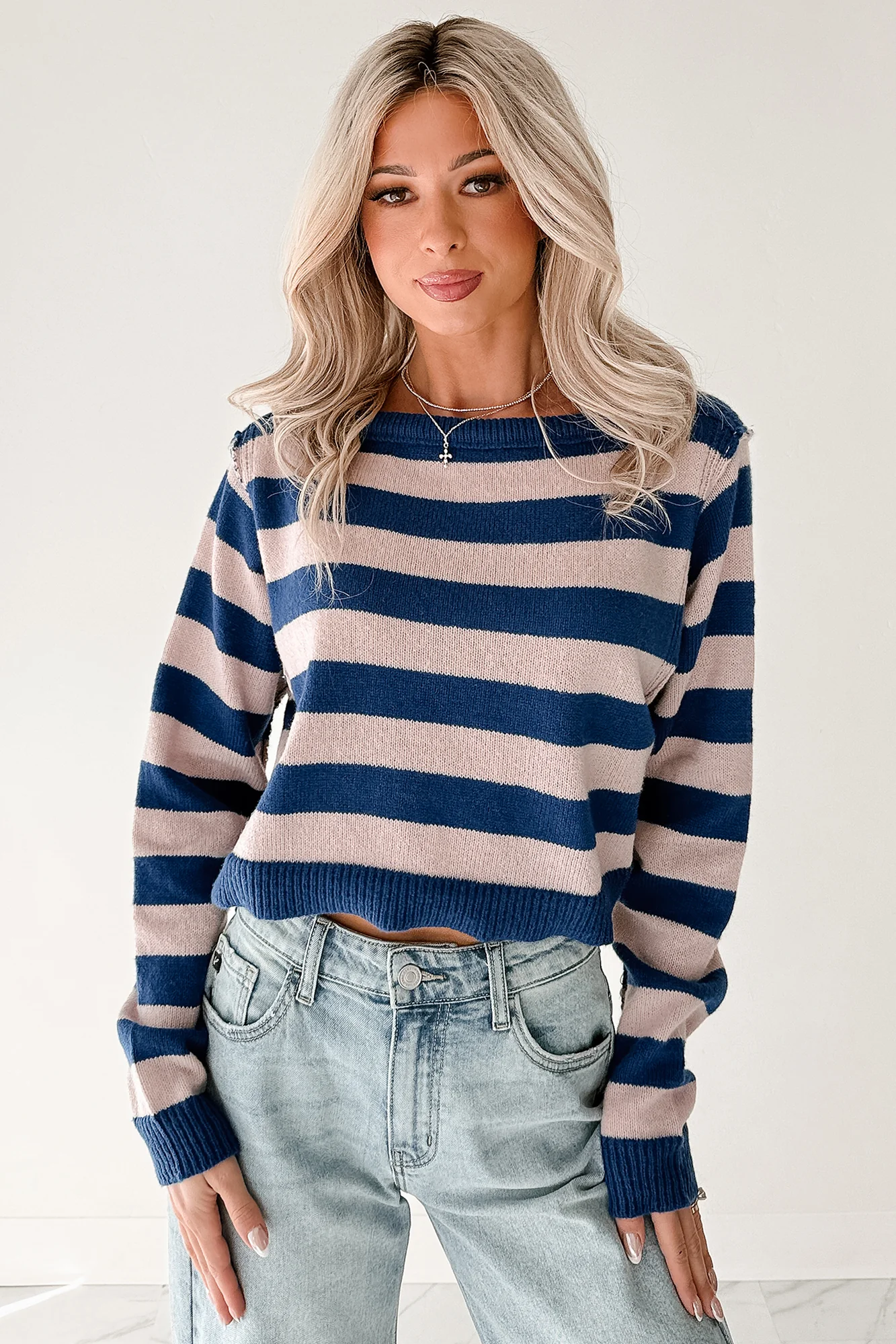 Wishing Well Stripe Boat Neck Sweater (Cobalt/Dusty Pink) - Image 6