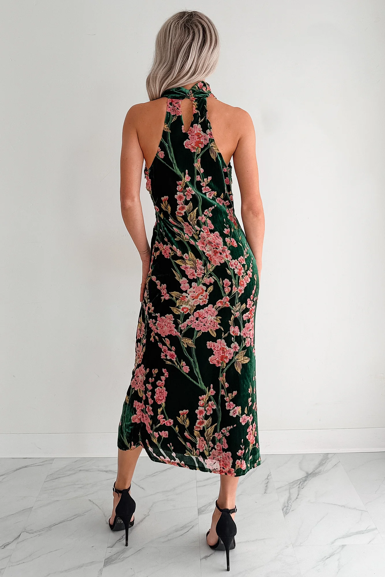 Without You Velvet Cherry Blossom Midi Dress (Green Floral) - Image 2