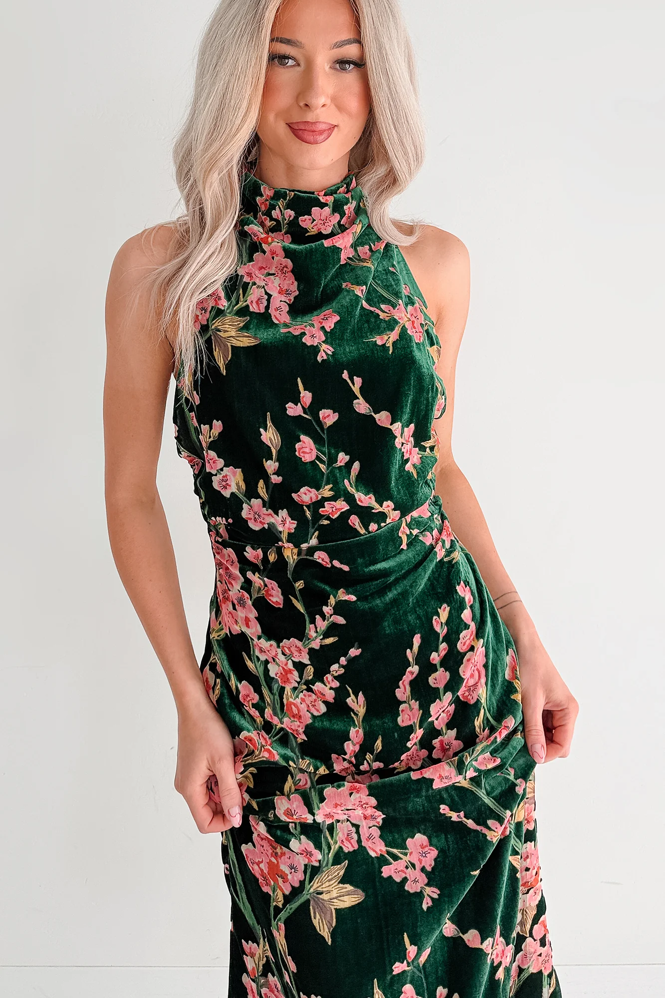 Without You Velvet Cherry Blossom Midi Dress (Green Floral) - Image 3