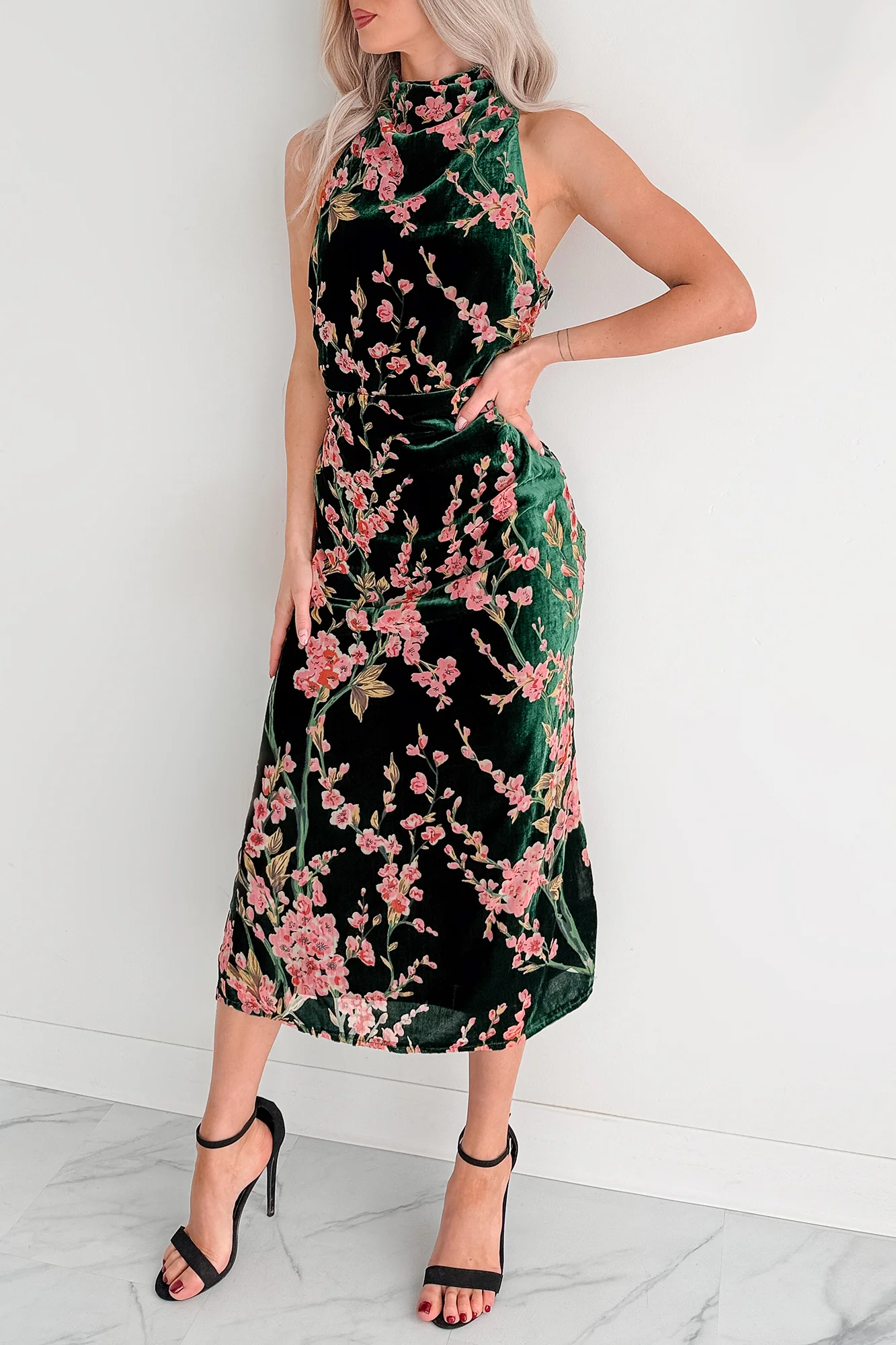 Without You Velvet Cherry Blossom Midi Dress (Green Floral) - Image 4