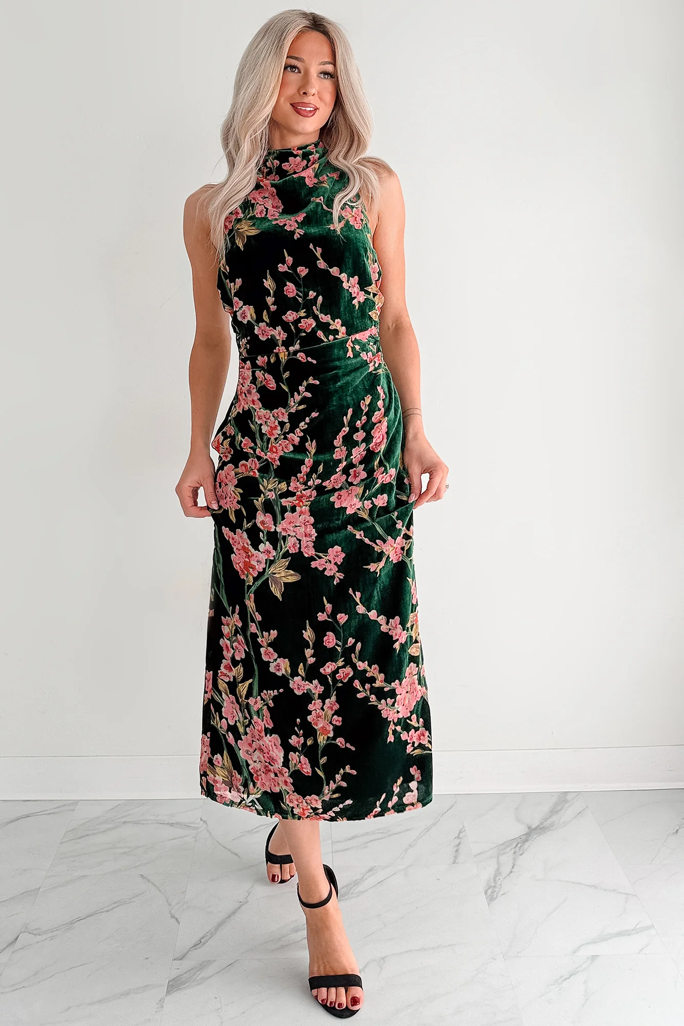 Without You Velvet Cherry Blossom Midi Dress (Green Floral) - Image 5