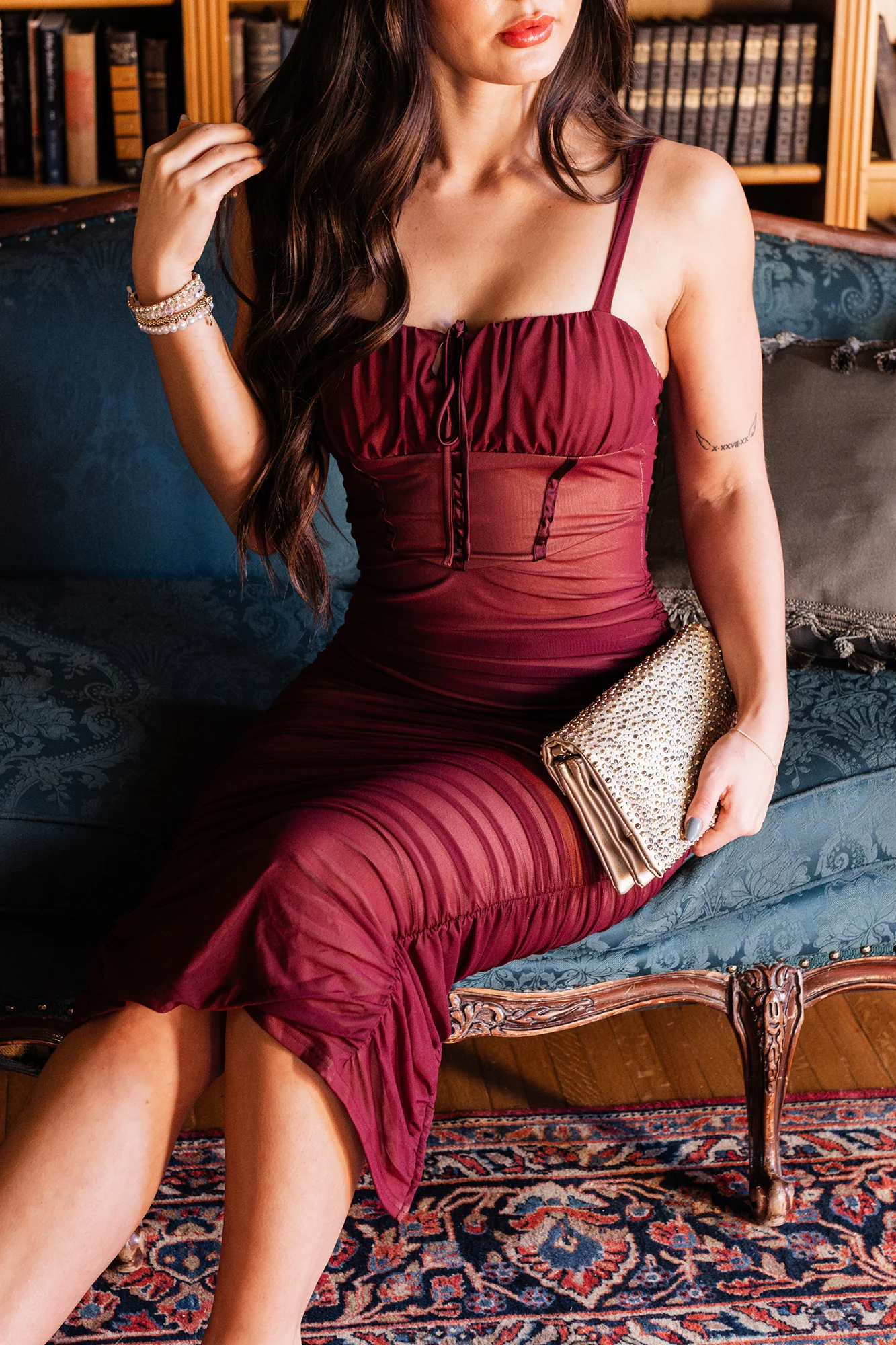 Woman Of Mystery Ruched Mesh Midi Dress (Maroon) - Image 2