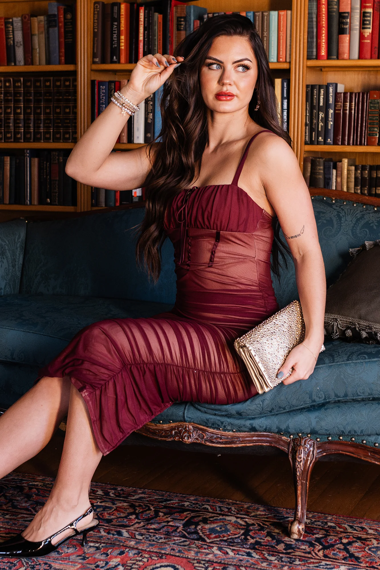 Woman Of Mystery Ruched Mesh Midi Dress (Maroon) - Image 7