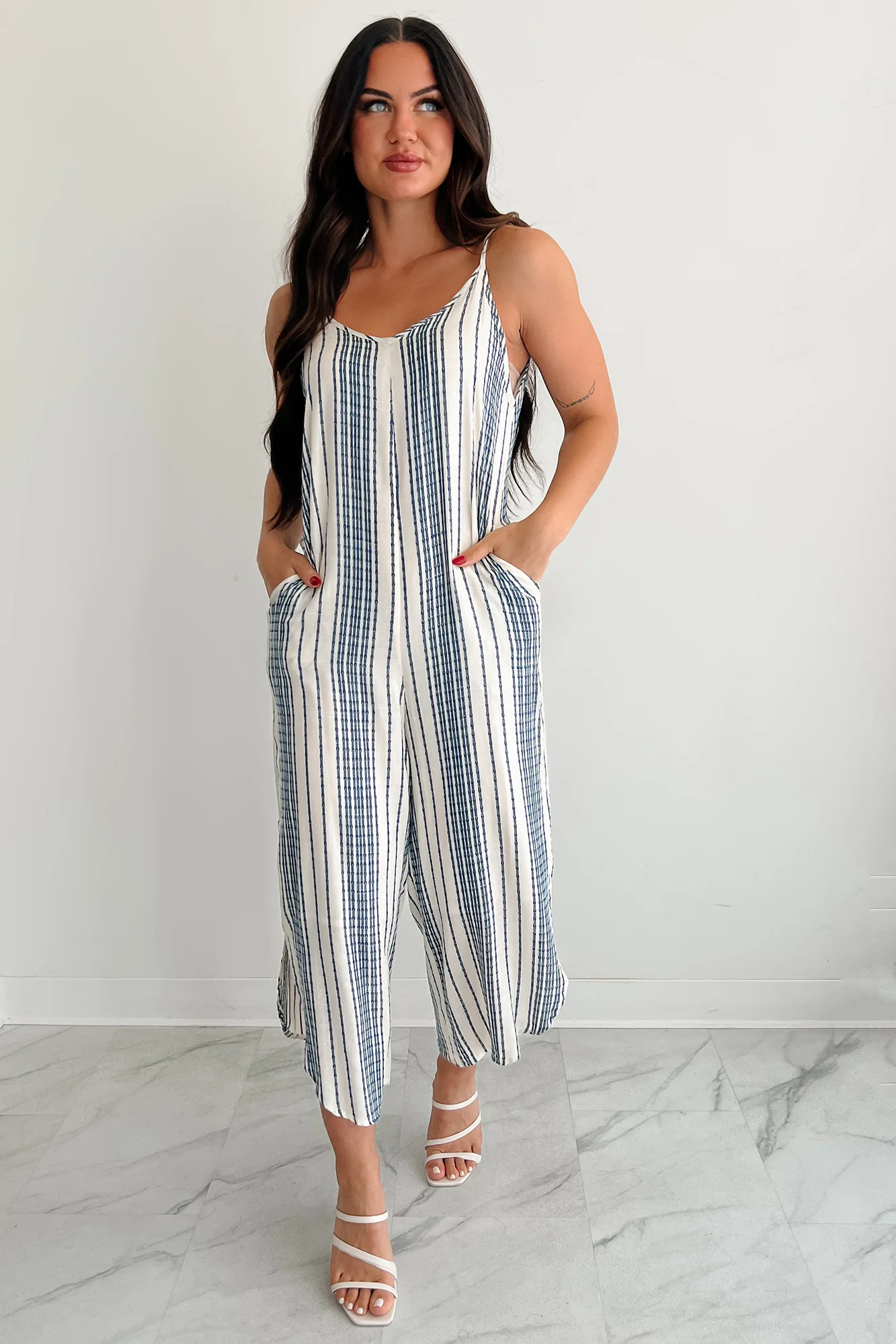 Worn With The Wind Sleeveless Striped Jumpsuit (Ivory/ Blue) - Image 3