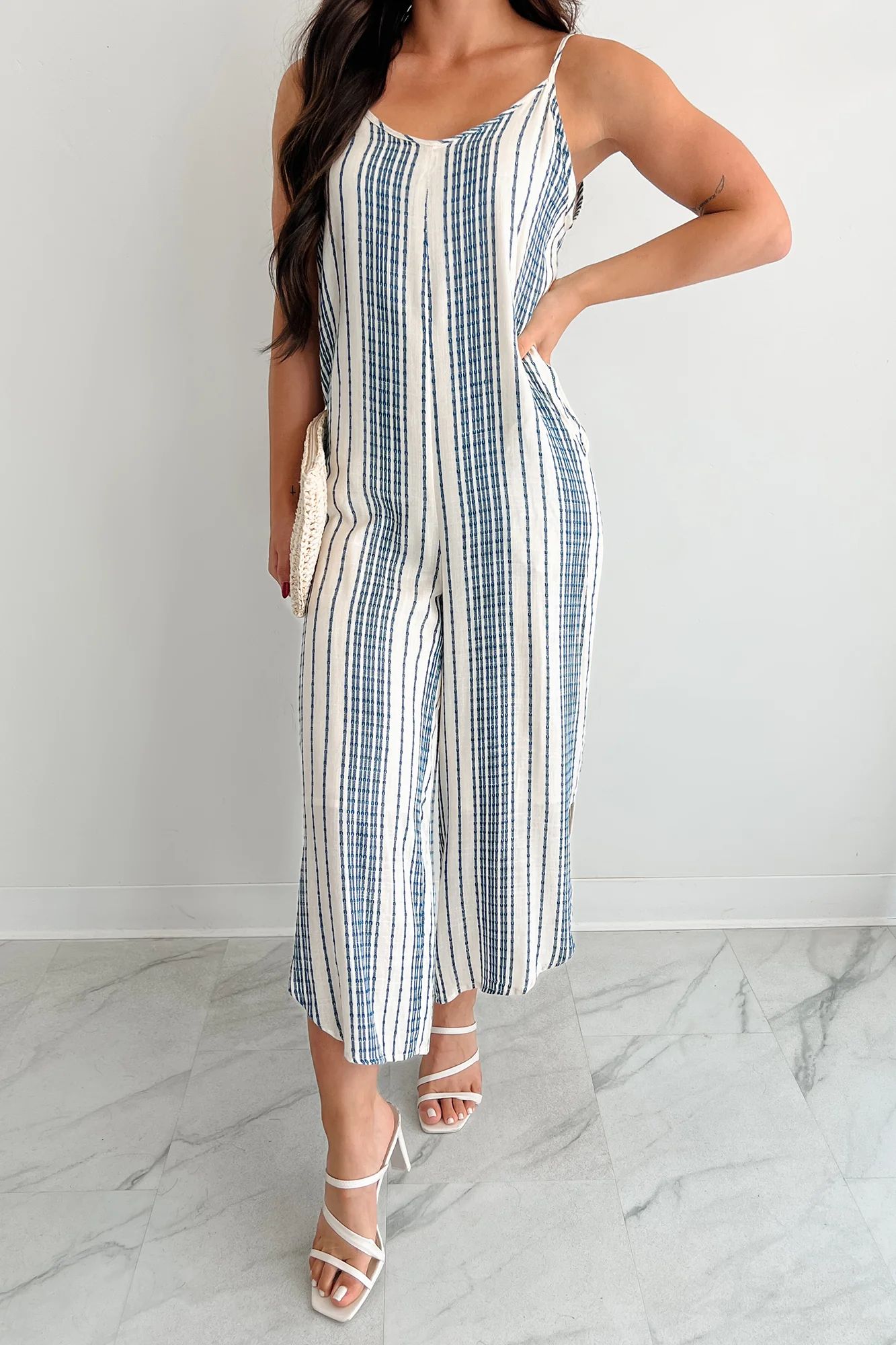 Worn With The Wind Sleeveless Striped Jumpsuit (Ivory/ Blue) - Image 5