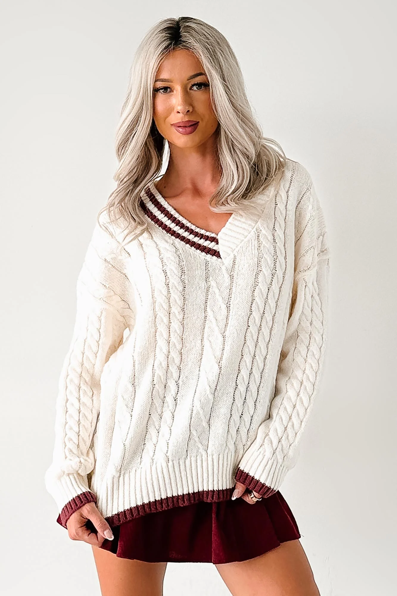 Woven Stories Cable Knit V Neck Sweater (Cream) - Image 3