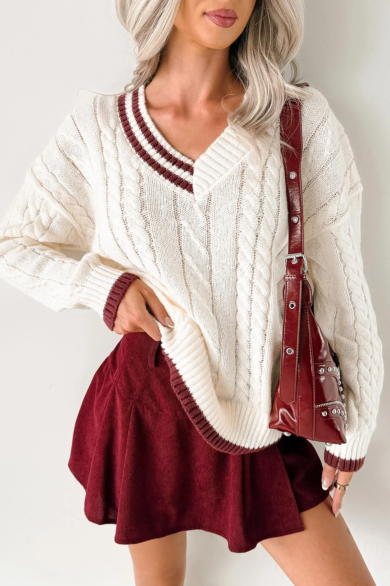 Woven Stories Cable Knit V Neck Sweater (Cream) - Image 5