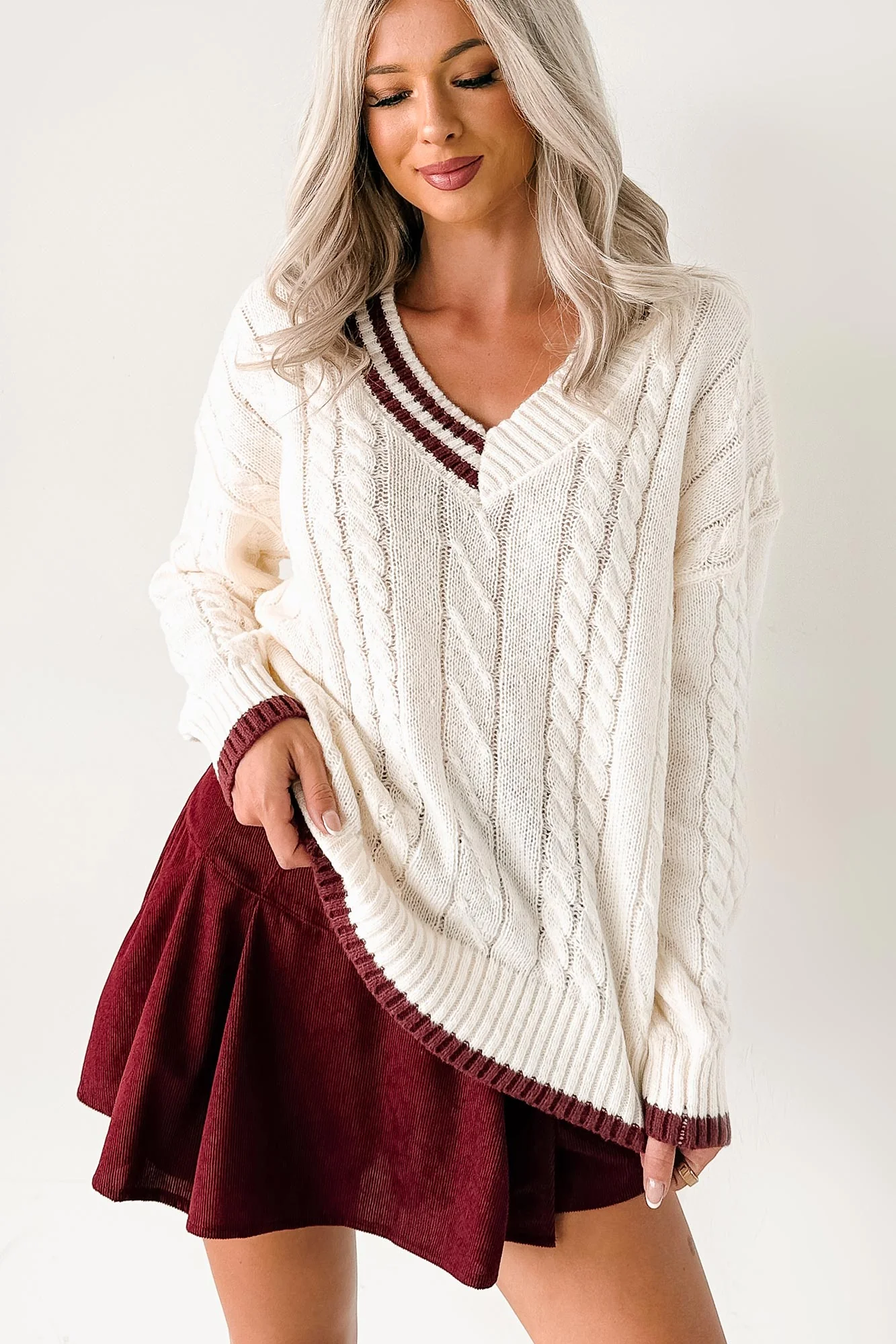 Woven Stories Cable Knit V Neck Sweater (Cream) - Image 6