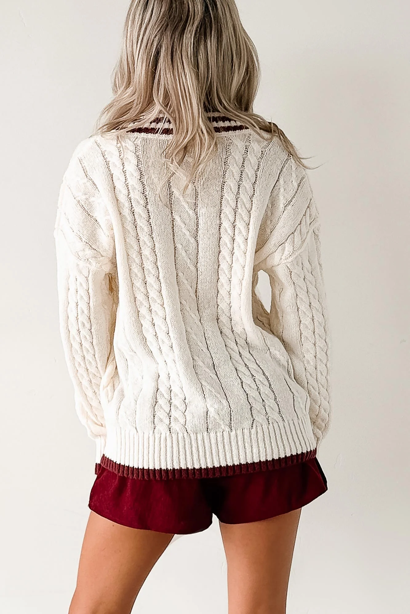 Woven Stories Cable Knit V Neck Sweater (Cream) - Image 9