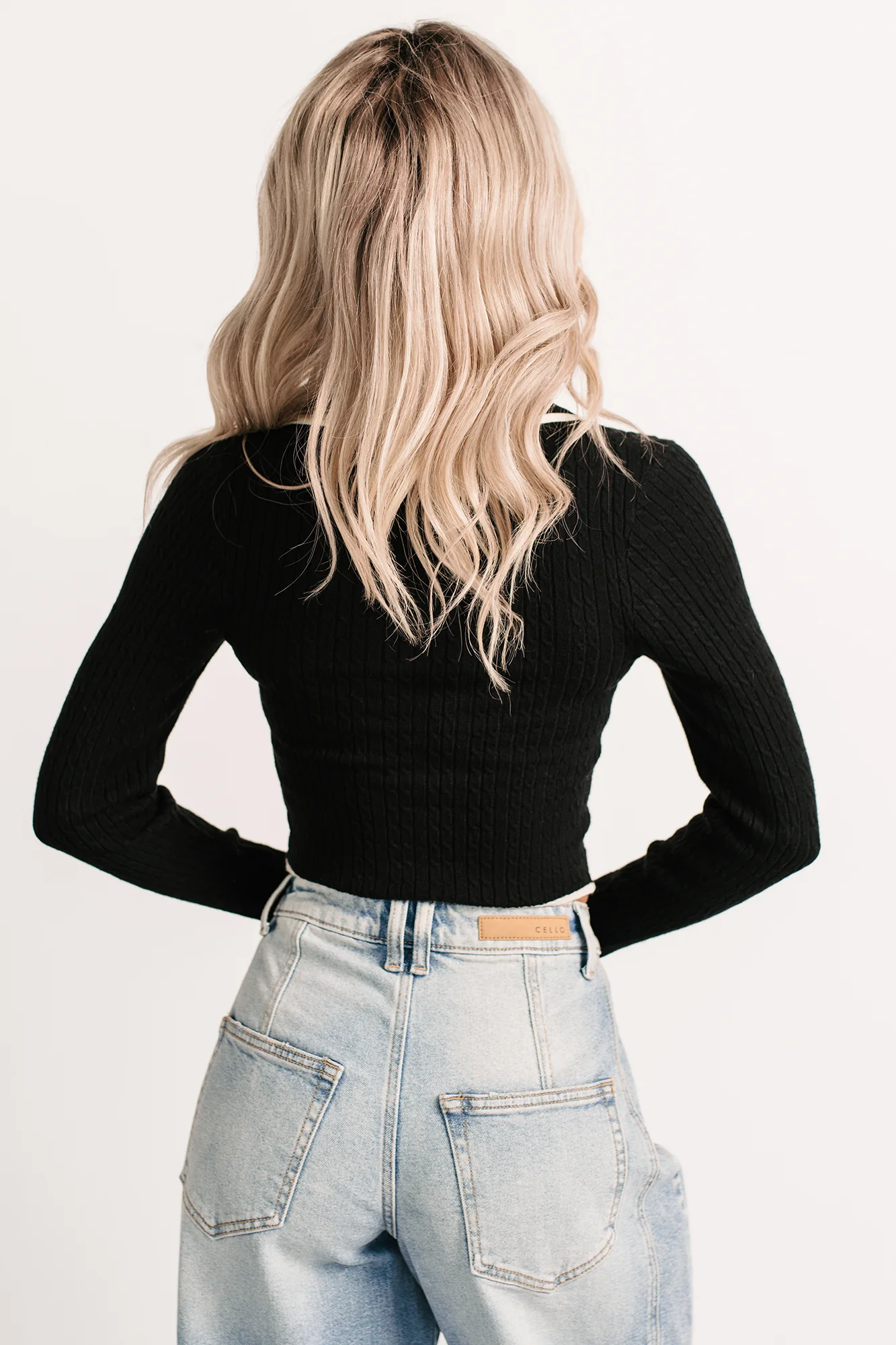 Wrapped Warm Contrast Trim Cable Knit Top (Black) - Image 4