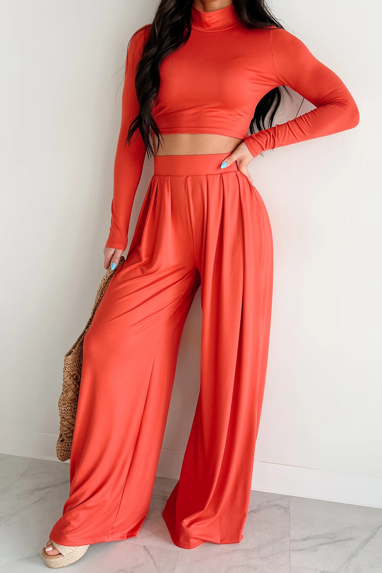 Faded Dreams Long Sleeve Crop Top & Pant Set (Dark Coral) - Image 2