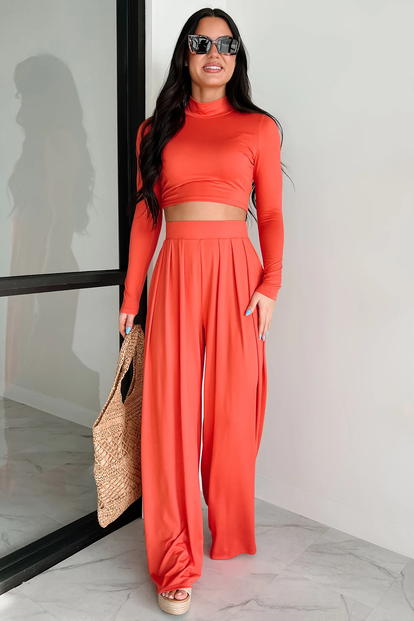 Faded Dreams Long Sleeve Crop Top & Pant Set (Dark Coral) - Image 4