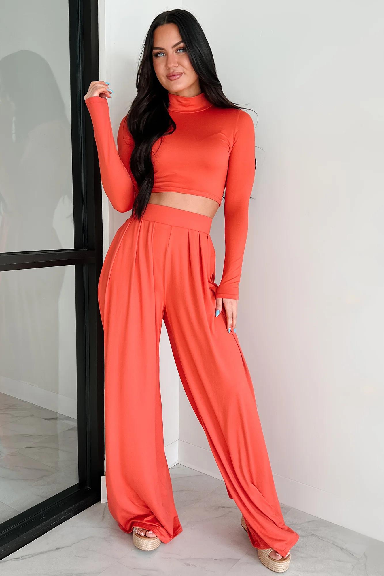 Faded Dreams Long Sleeve Crop Top & Pant Set (Dark Coral) - Image 5