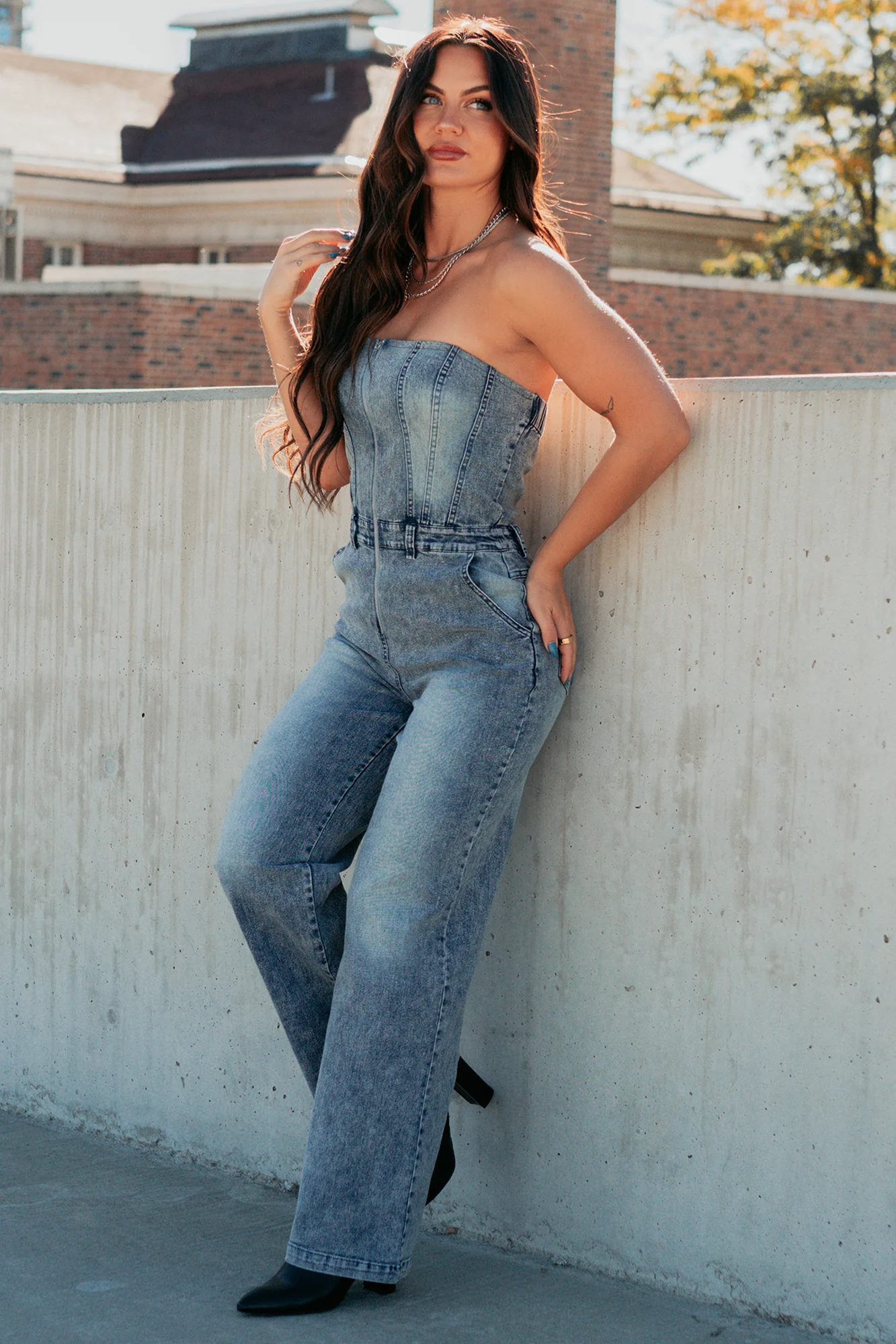 Your Idol Denim Strapless Wide Leg Jumpsuit (Medium Wash) - Image 2