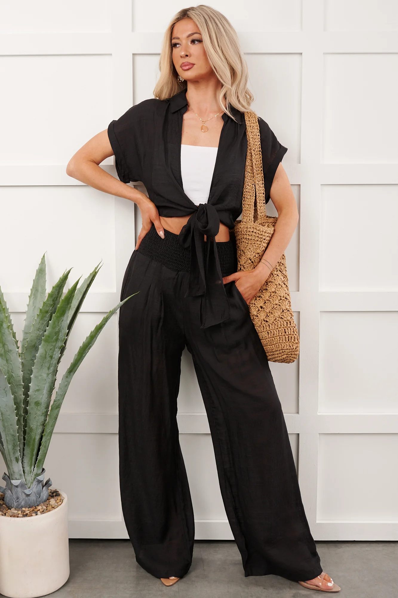 You're The Boss Tie Front Top And Smocked Pants Set (Black) - Image 2