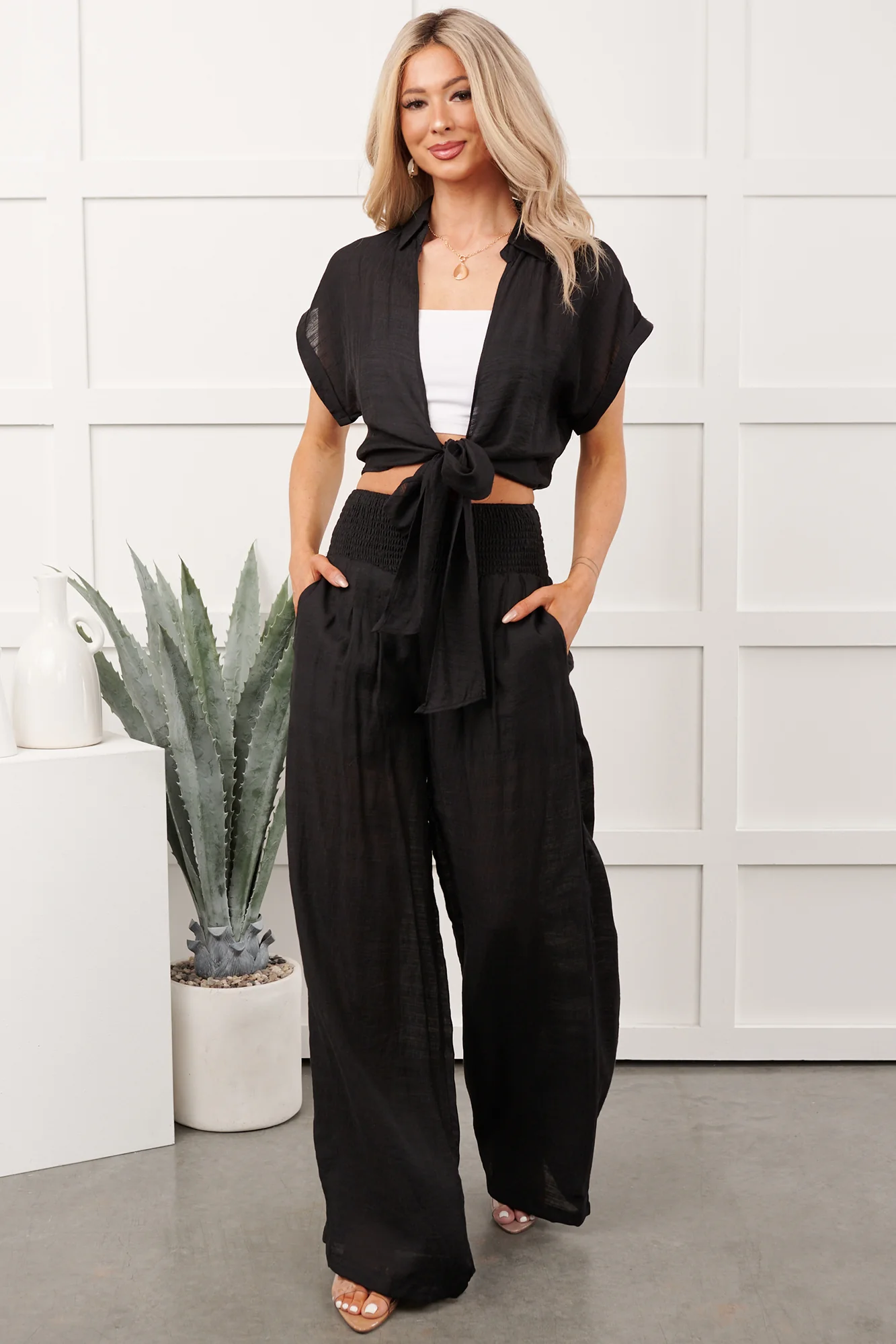You're The Boss Tie Front Top And Smocked Pants Set (Black) - Image 4