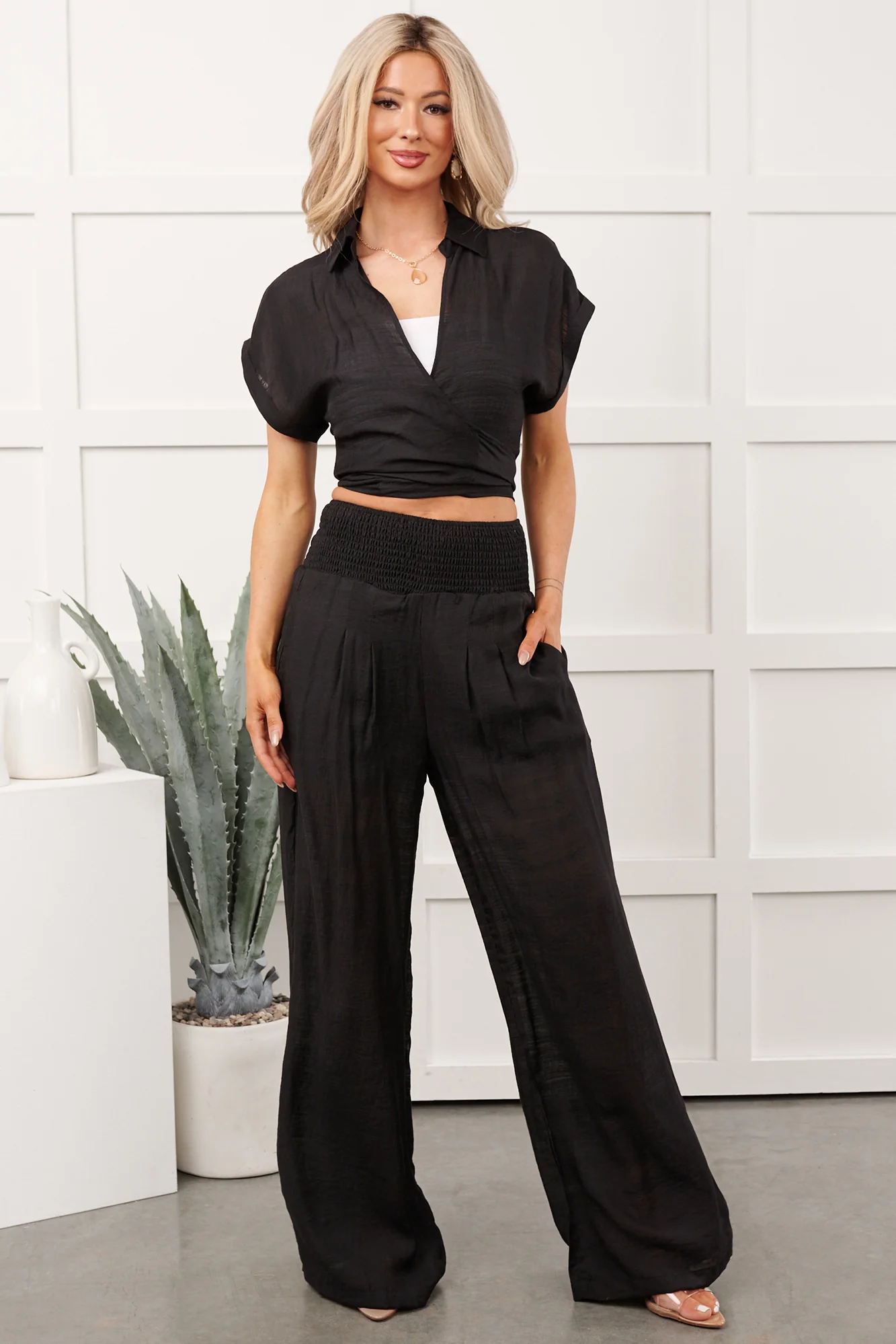 You're The Boss Tie Front Top And Smocked Pants Set (Black) - Image 8